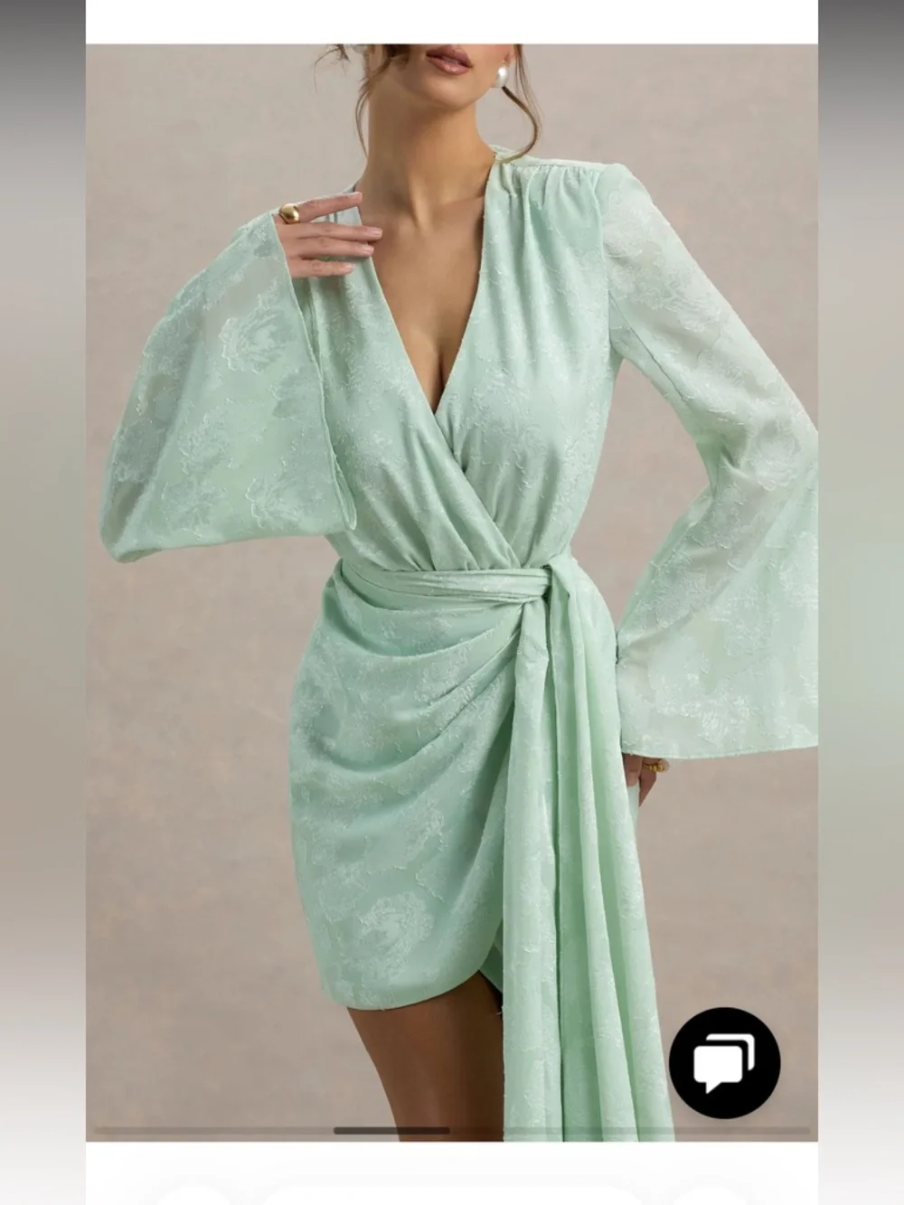 Club London DOREEN Mint Long-Sleeve Wrap Mini Dress Sz L; very flattering style - Picture 2 of 11